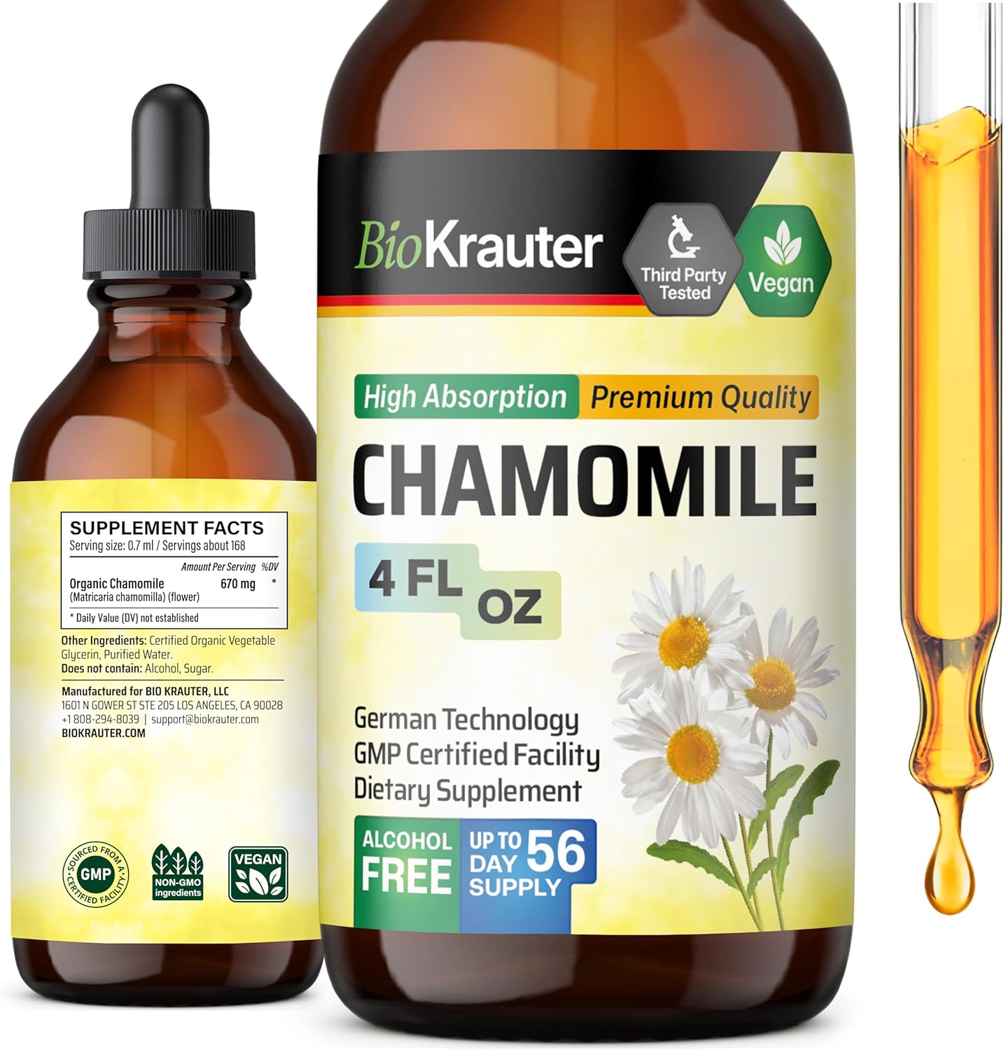 Organic Chamomile Tincture Extract for Relaxation and Calmness - Vegan Supplement, Alcohol and Sugar-Free - 4 Fl.Oz.