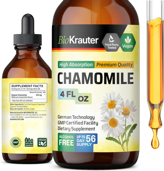 Organic Chamomile Tincture Extract for Relaxation and Calmness - Vegan Supplement, Alcohol and Sugar-Free - 4 Fl.Oz.