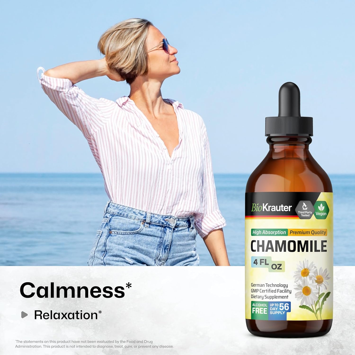 Organic Chamomile Tincture Extract for Relaxation and Calmness - Vegan Supplement, Alcohol and Sugar-Free - 4 Fl.Oz.
