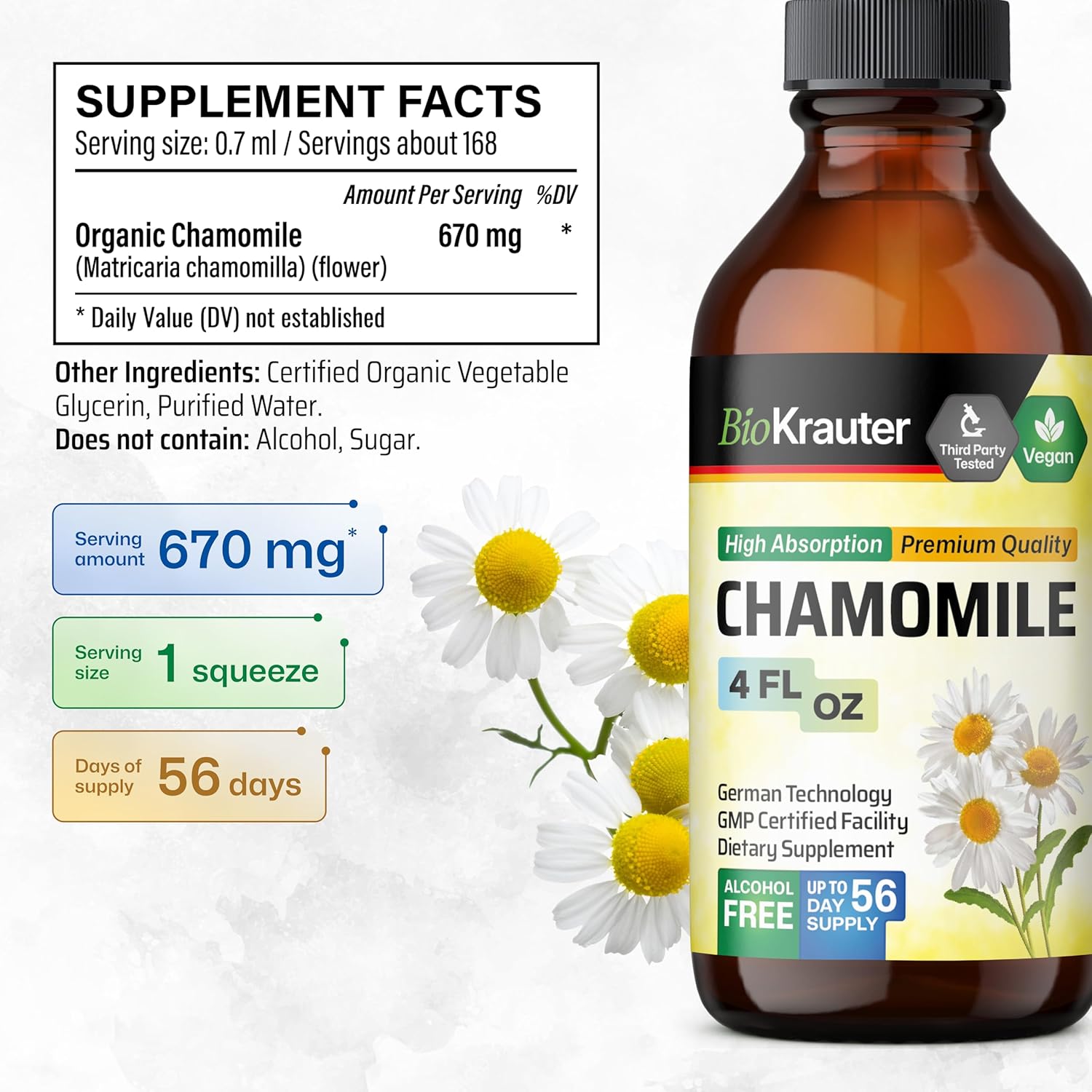 Organic Chamomile Tincture Extract for Relaxation and Calmness - Vegan Supplement, Alcohol and Sugar-Free - 4 Fl.Oz.