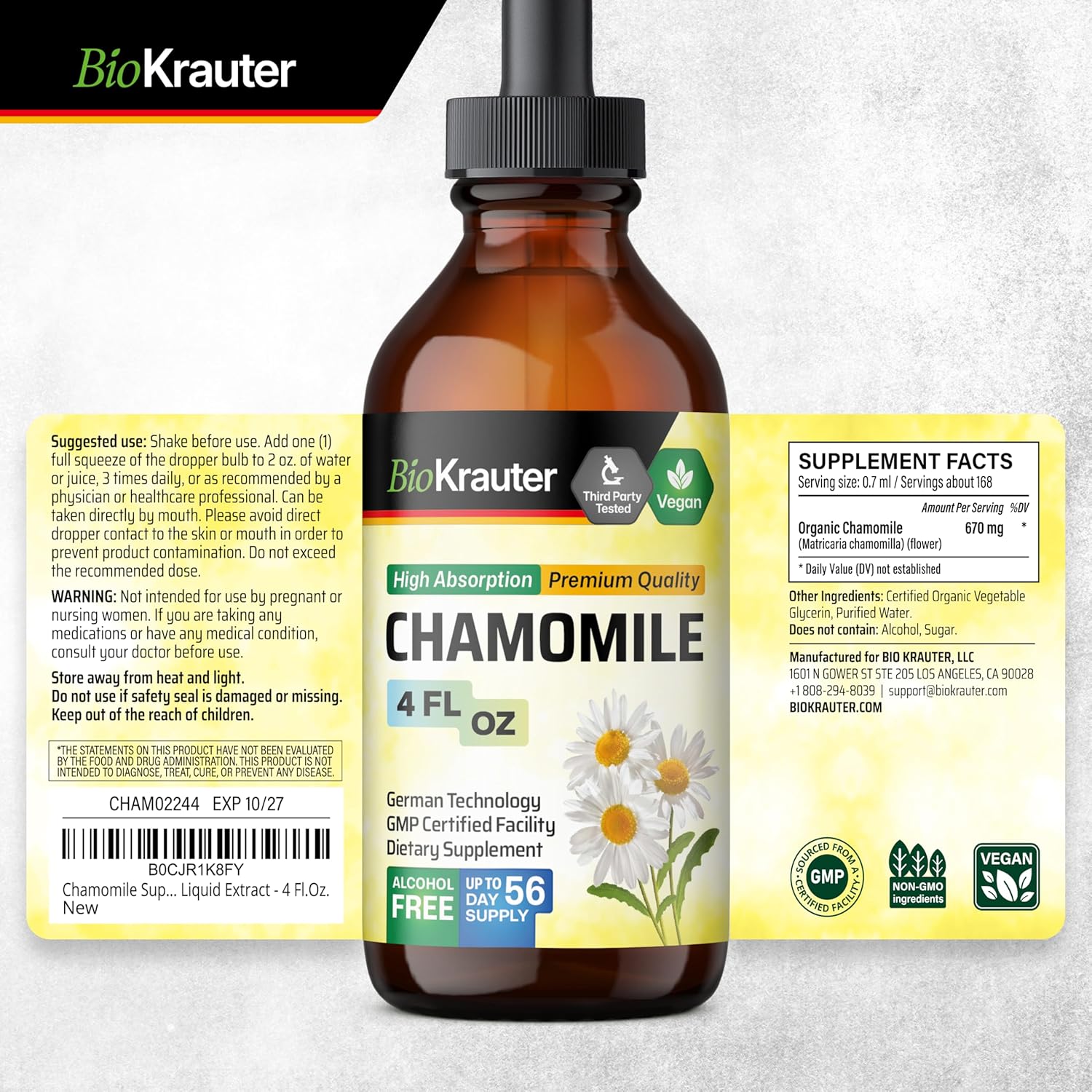 Organic Chamomile Tincture Extract for Relaxation and Calmness - Vegan Supplement, Alcohol and Sugar-Free - 4 Fl.Oz.