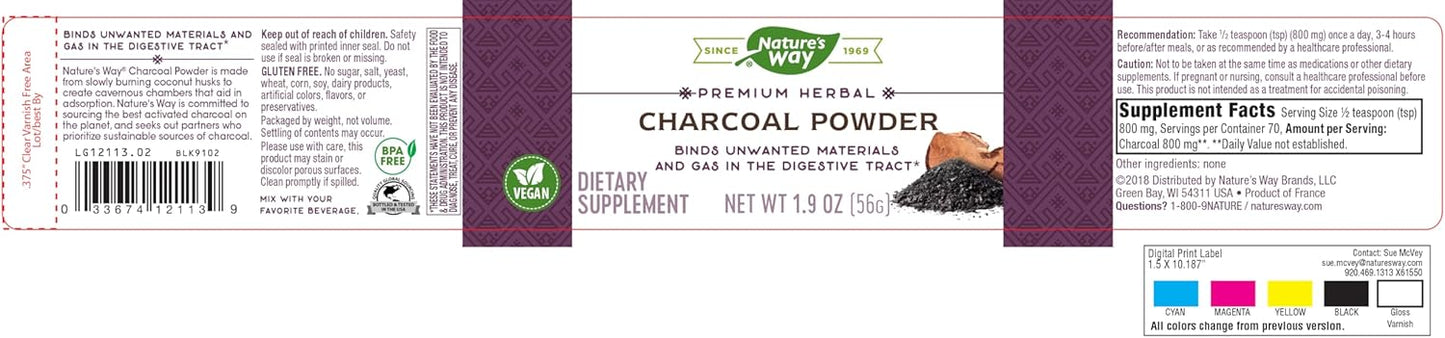 Organic Charcoal Powder 800mg per Serving, BPA-Free Packaging - Nature's Way Herbal Supplement