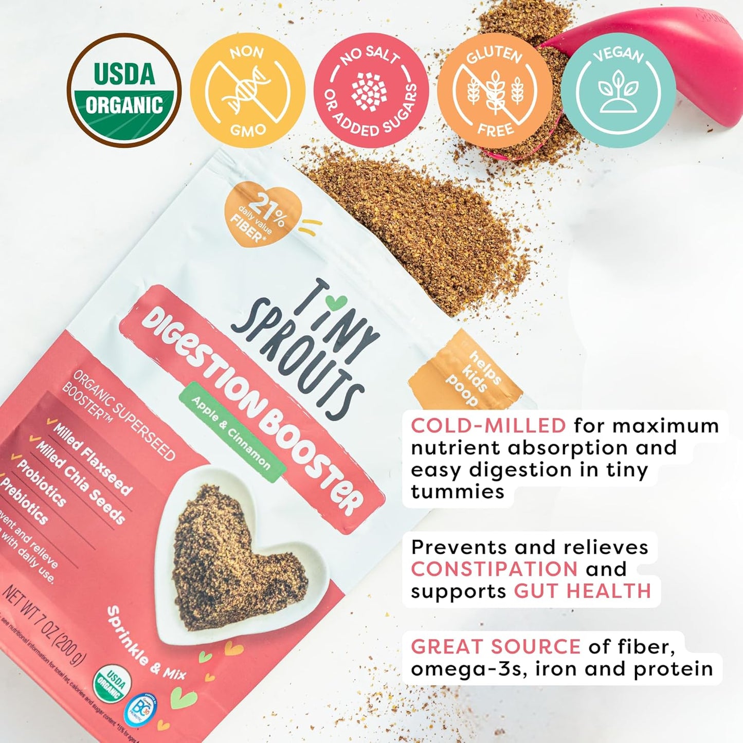 Organic Chia & Flax Seed Digestion Blend with Probiotics for Babies, Toddlers, and Kids - Apple & Cinnamon Flavor - 7oz Pack - BoostGo Australia