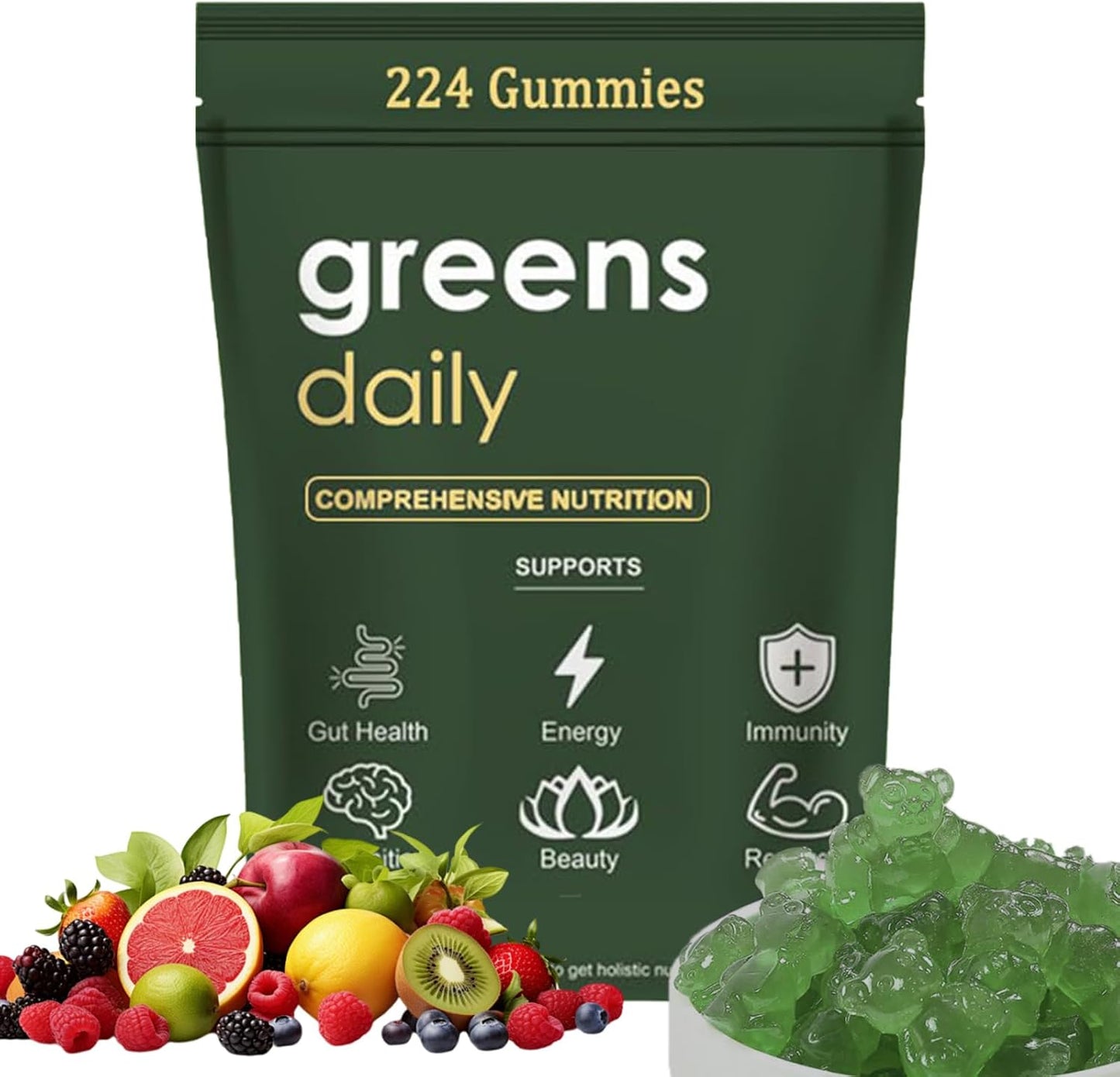 Organic Chlorella and Spirulina Gummies for Digestive & Gut Health - Super Greens Packets with Multi-Fruits Vegetables - 224 Gummy Bears