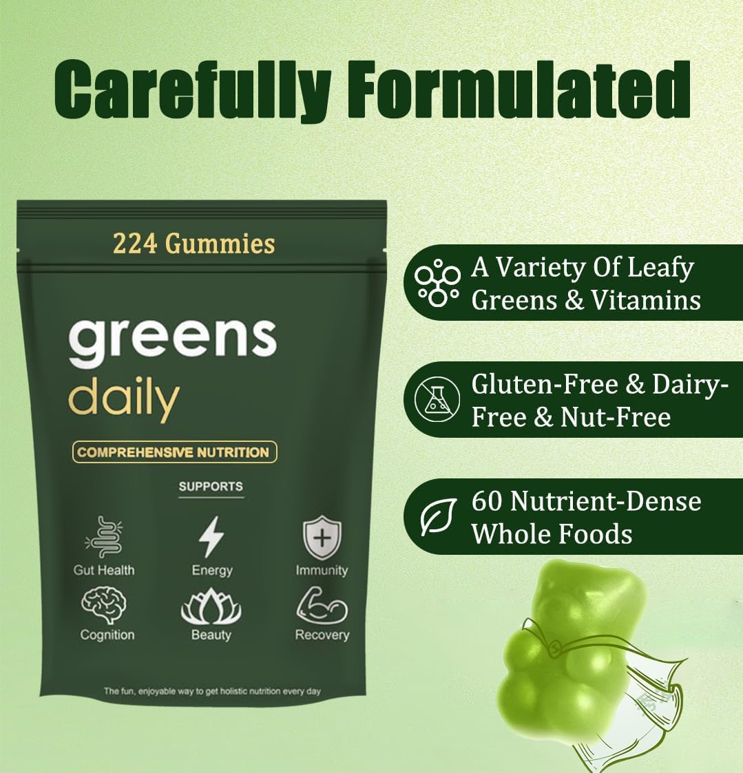 Organic Chlorella and Spirulina Gummies for Digestive & Gut Health - Super Greens Packets with Multi-Fruits Vegetables - 224 Gummy Bears