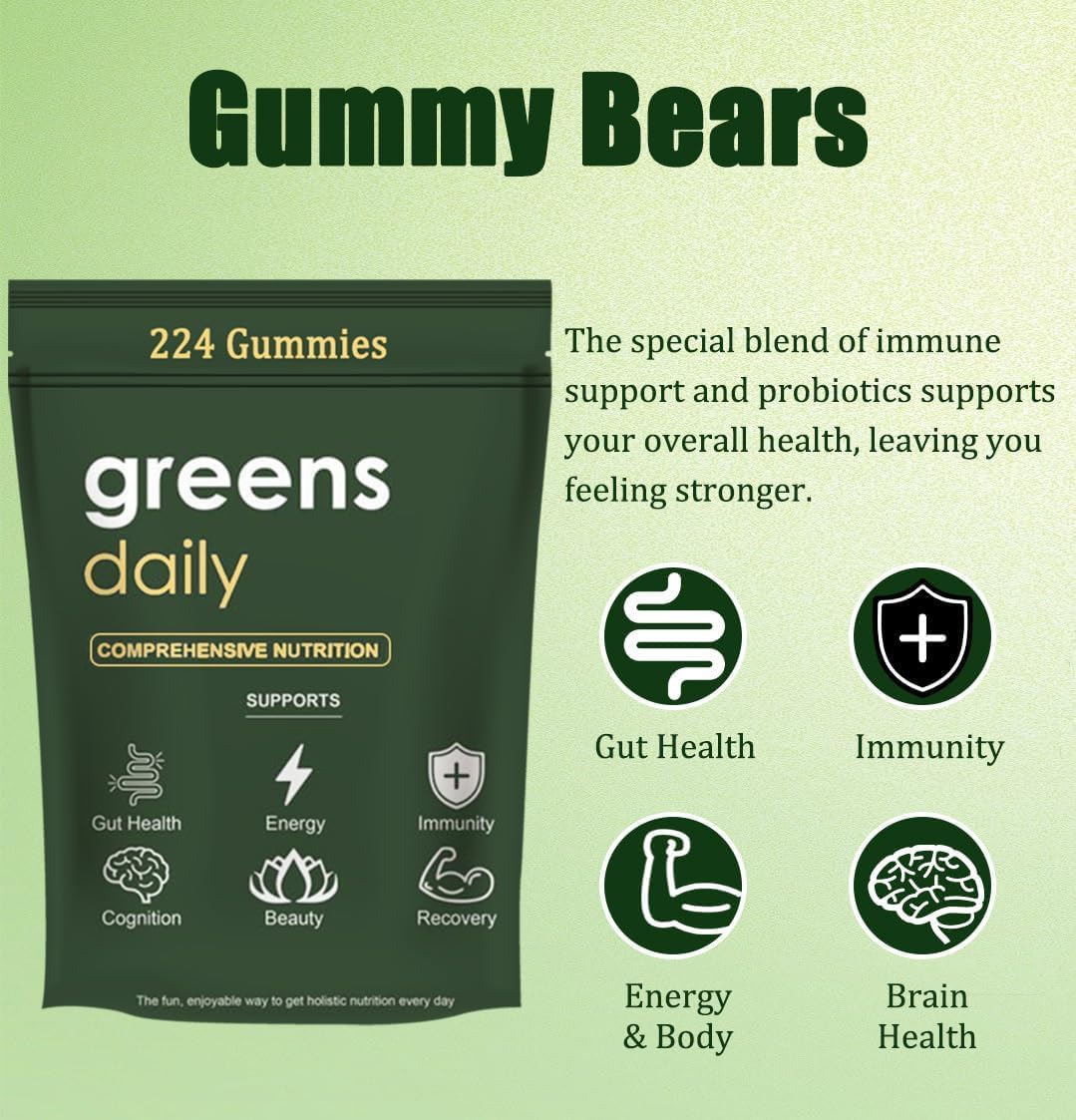 Organic Chlorella and Spirulina Gummies for Digestive & Gut Health - Super Greens Packets with Multi-Fruits Vegetables - 224 Gummy Bears
