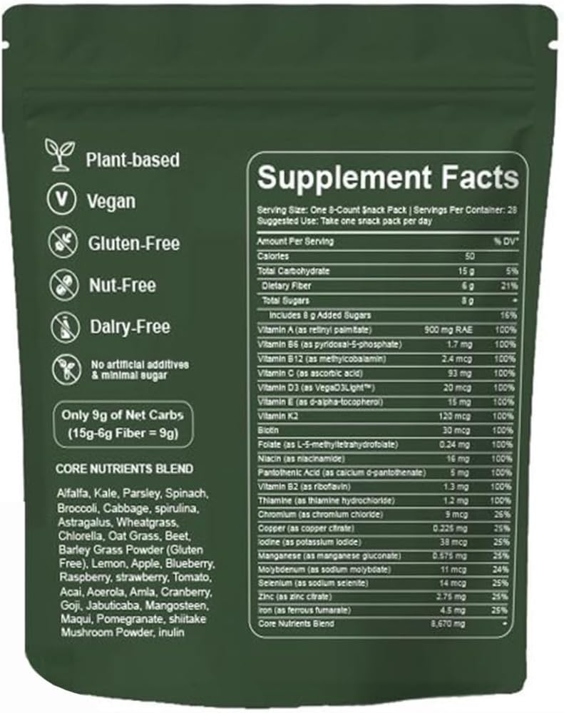 Organic Chlorella and Spirulina Gummies for Digestive & Gut Health - Super Greens Packets with Multi-Fruits Vegetables - 224 Gummy Bears