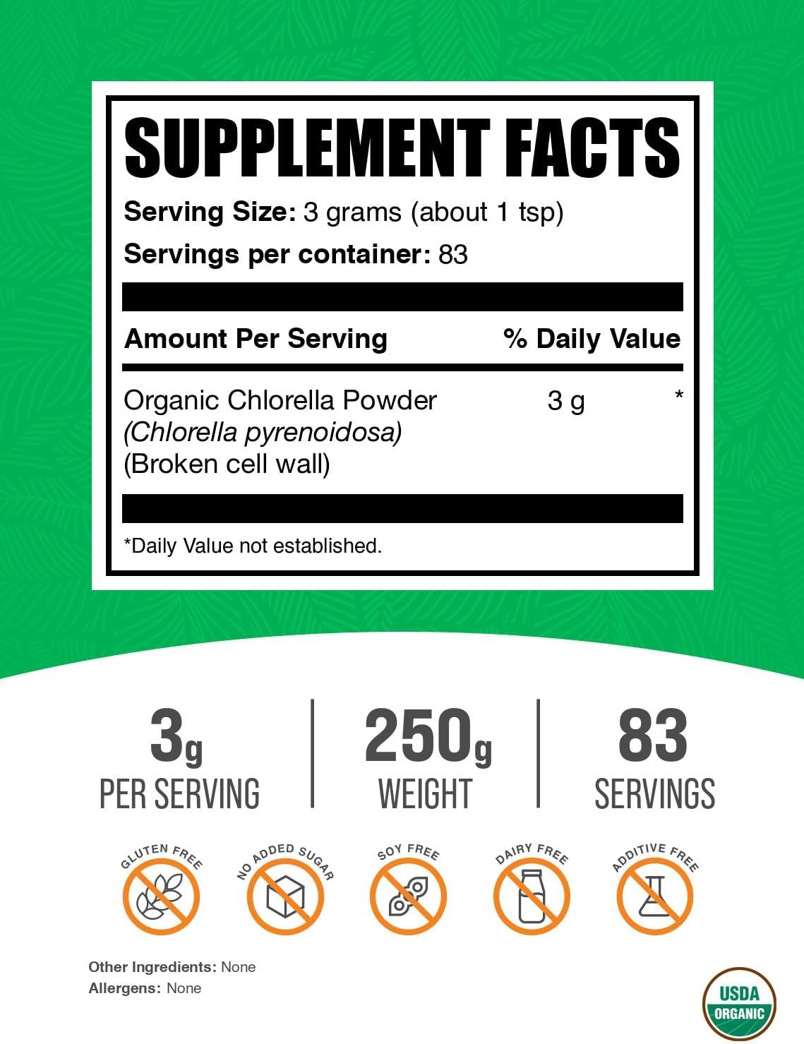 Organic Chlorella Powder - Broken Cell Wall, Green Superfood, Vegan & Gluten Free, 250g (8.8 oz)