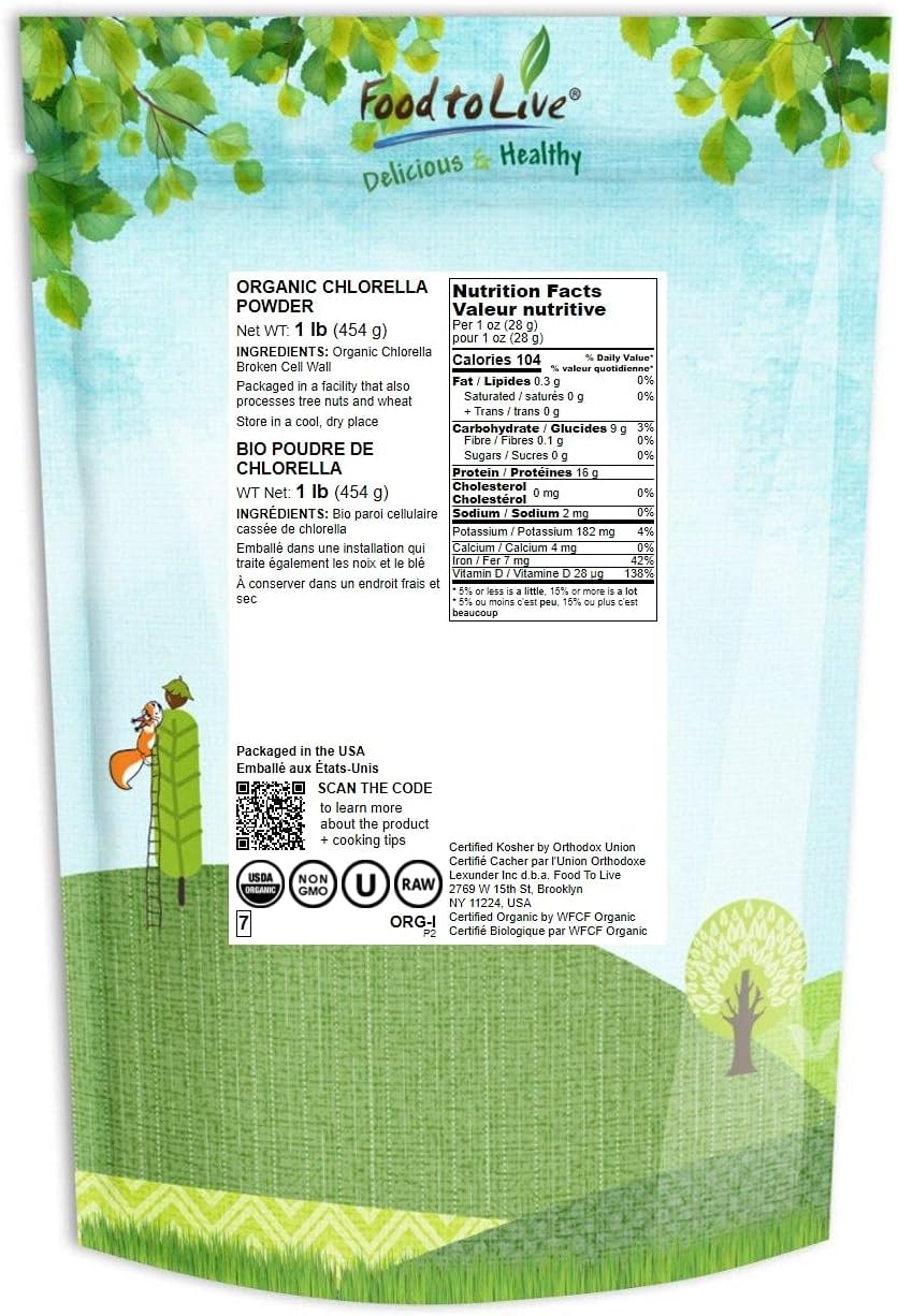 Organic Chlorella Powder 1lb - Non-GMO Raw Green Algae Superfood, Vegan Protein Supplement, Rich in Vitamins & Minerals for Drinks, Kosher & Gluten-Free
