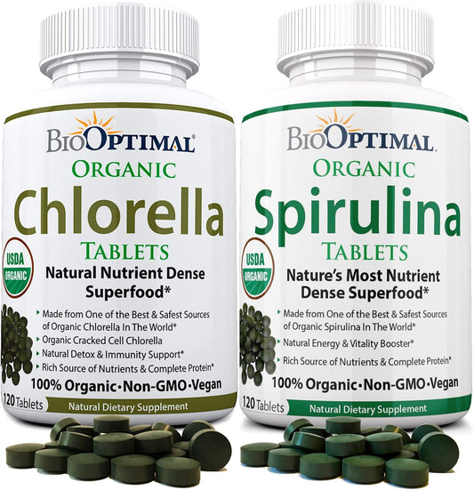 Organic Chlorella Spirulina Bundle - 120 Count Tablets Each, Premium Quality, 4 Organic Certifications