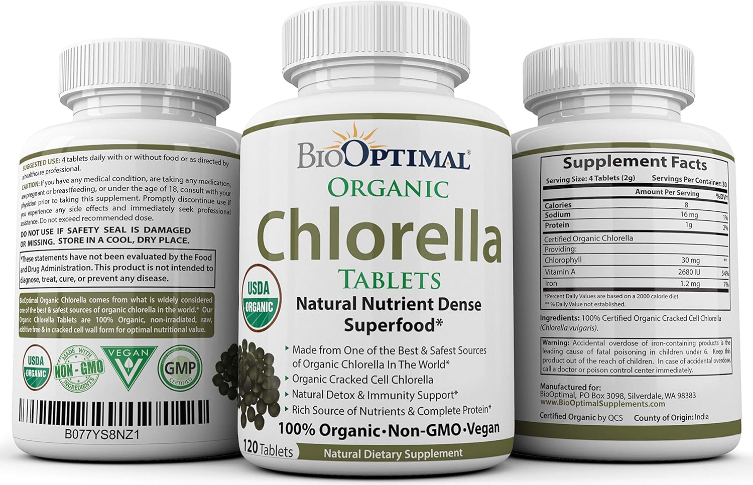 Organic Chlorella Spirulina Bundle - 120 Count Tablets Each, Premium Quality, 4 Organic Certifications