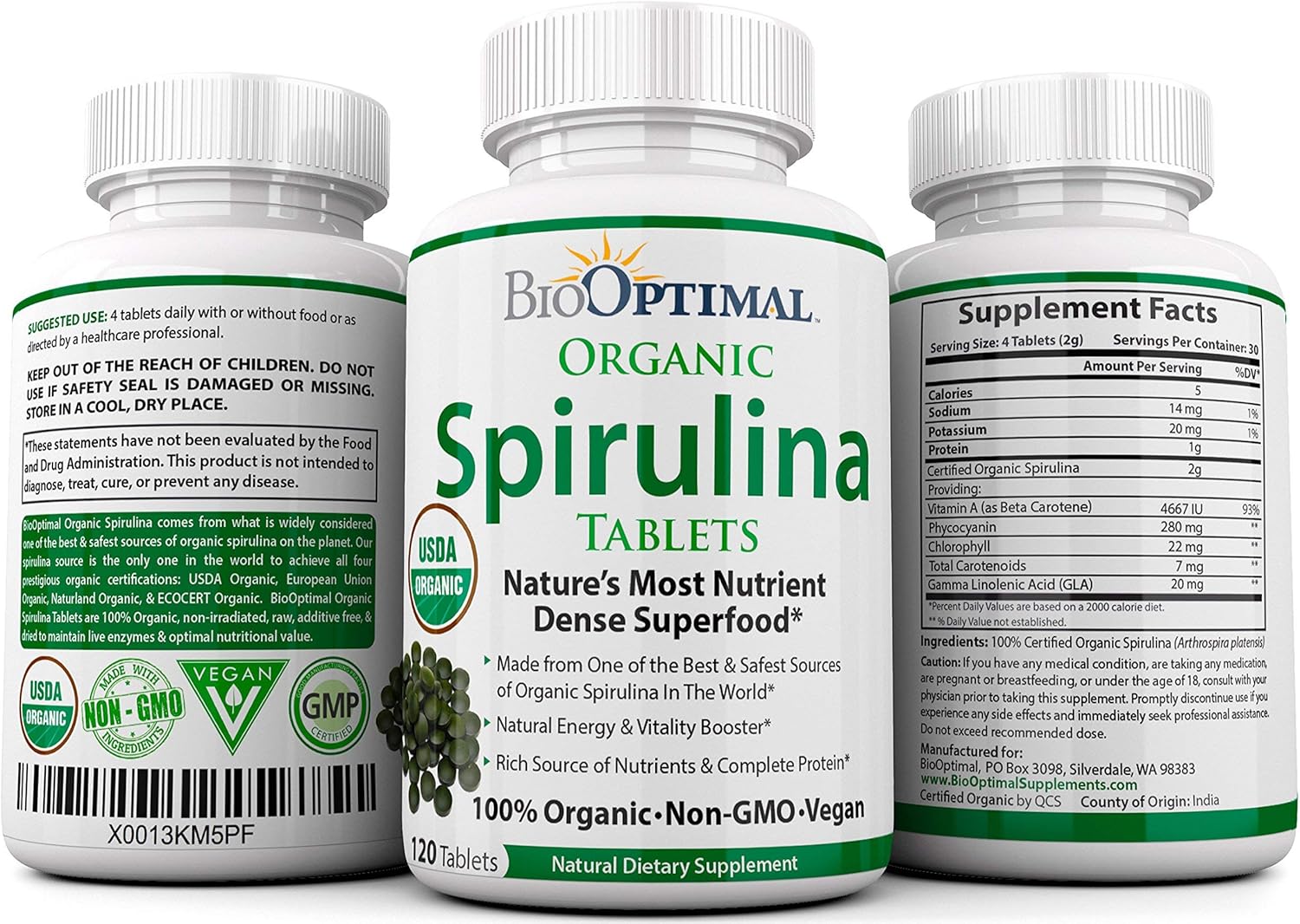 Organic Chlorella Spirulina Bundle - 120 Count Tablets Each, Premium Quality, 4 Organic Certifications
