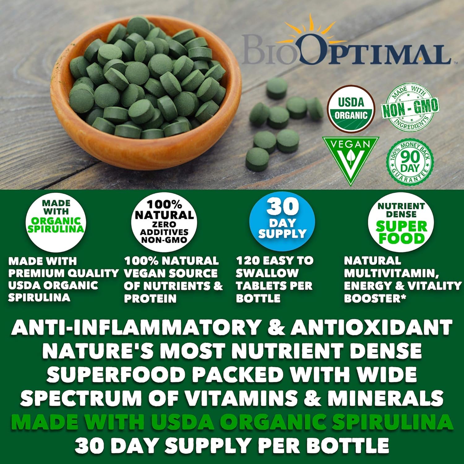 Organic Chlorella Spirulina Bundle - 120 Count Tablets Each, Premium Quality, 4 Organic Certifications