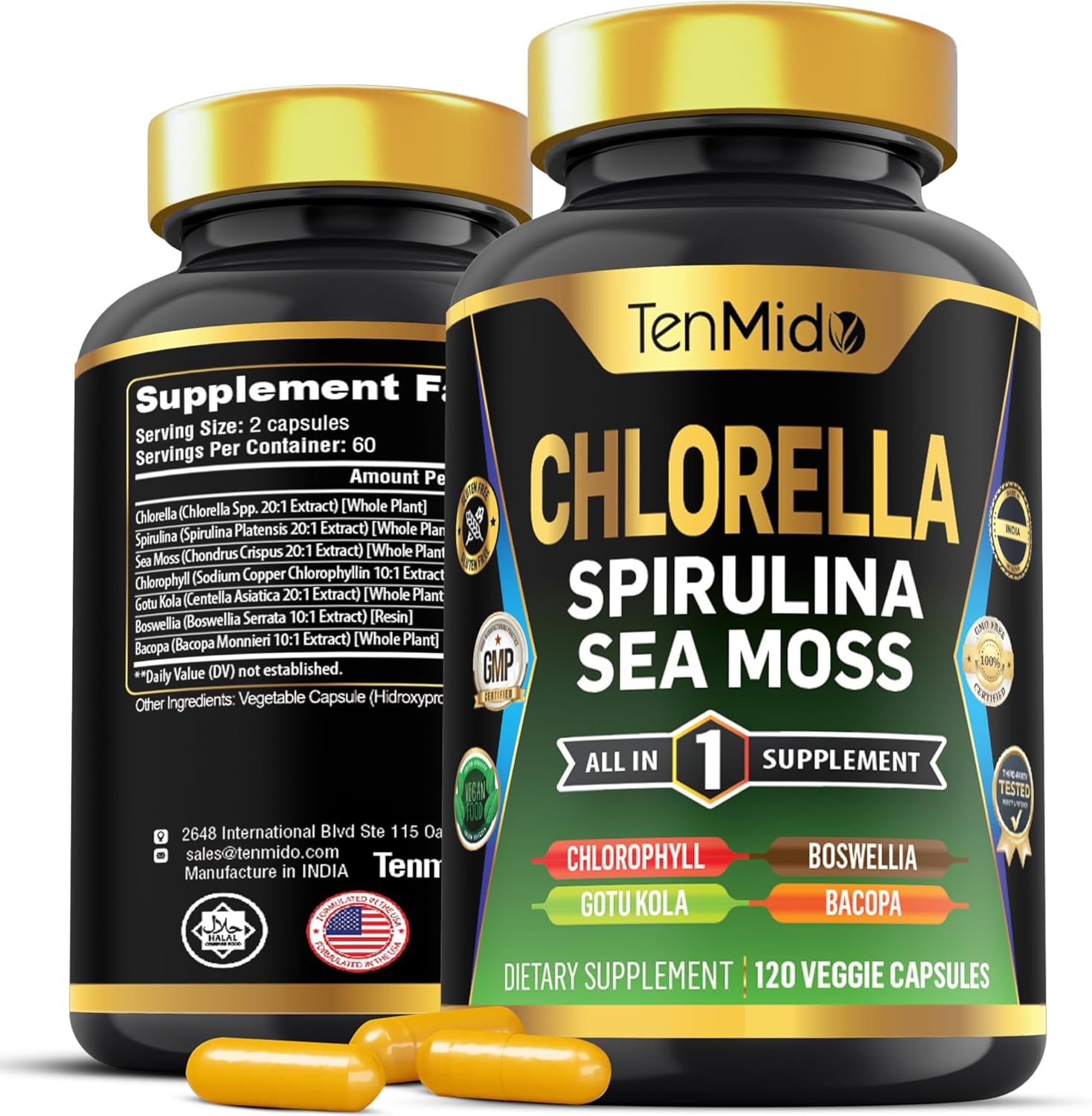 Organic Chlorella Supplement with Spirulina, Sea Moss, and More - Immune Support - 120 Capsules for Men and Women
