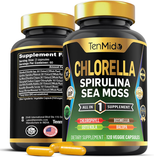 Organic Chlorella Supplement with Spirulina, Sea Moss, and More - Immune Support - 120 Capsules for Men and Women