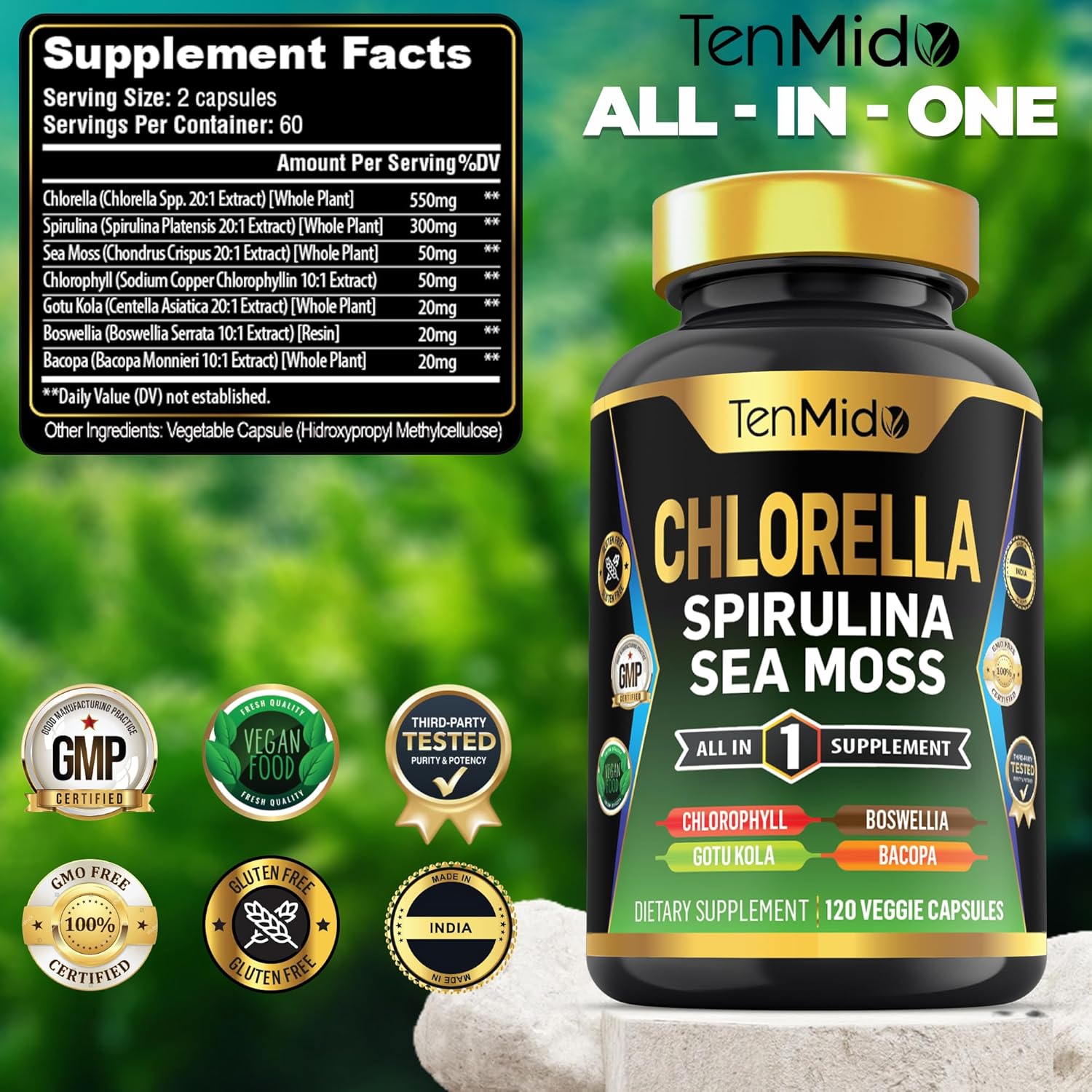 Organic Chlorella Supplement with Spirulina, Sea Moss, and More - Immune Support - 120 Capsules for Men and Women