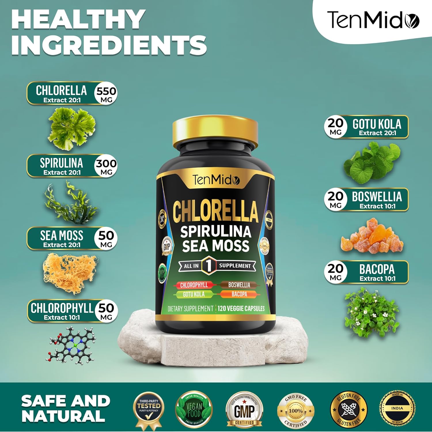 Organic Chlorella Supplement with Spirulina, Sea Moss, and More - Immune Support - 120 Capsules for Men and Women