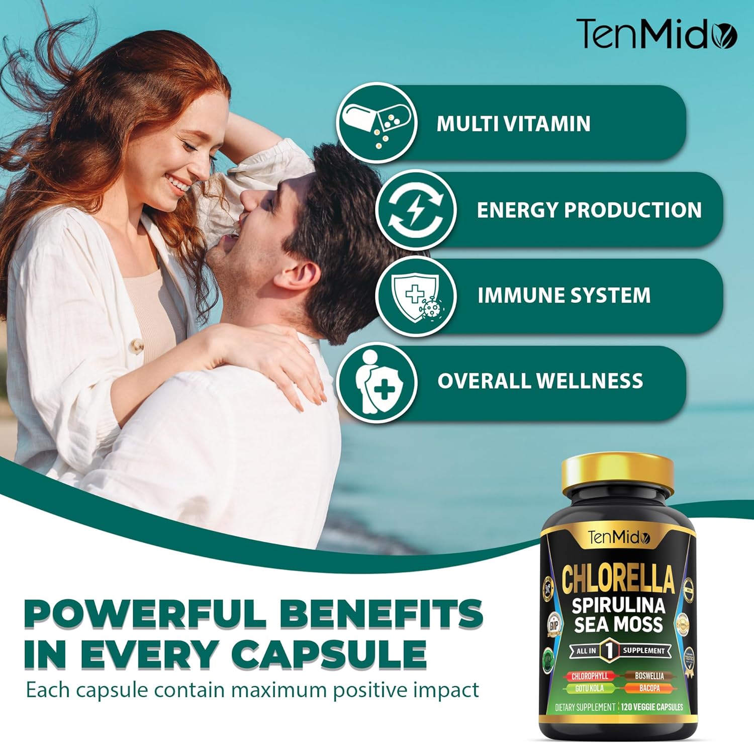 Organic Chlorella Supplement with Spirulina, Sea Moss, and More - Immune Support - 120 Capsules for Men and Women