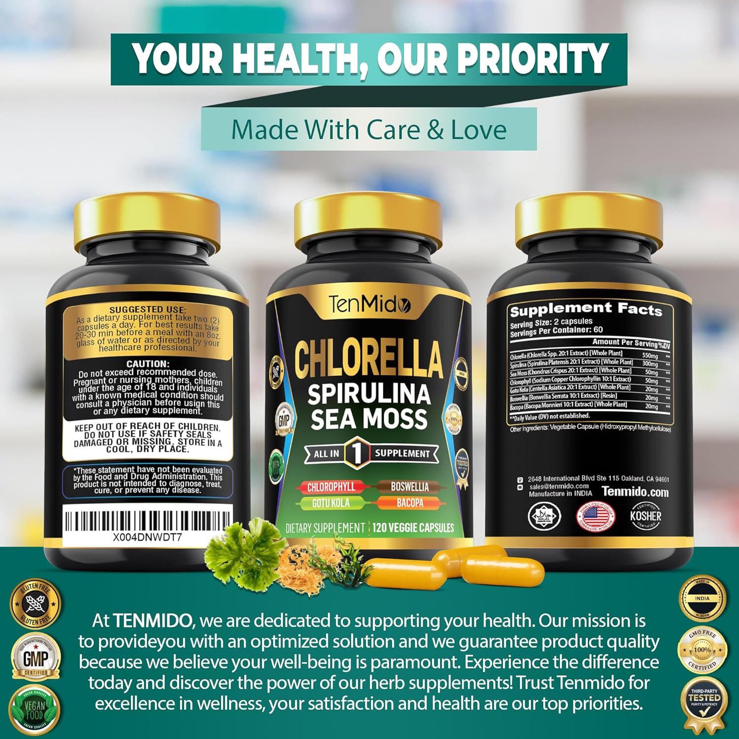 Organic Chlorella Supplement with Spirulina, Sea Moss, and More - Immune Support - 120 Capsules for Men and Women