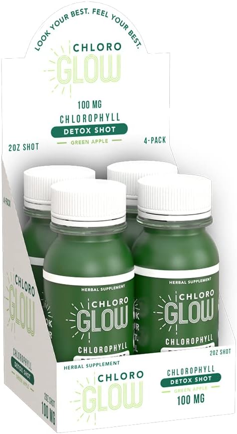 Organic Chloroglow Chlorophyll Detox Shots - Energizing Plant-Based Drink for Immune System Support - Cleansing Detox Formula (4 Pack)