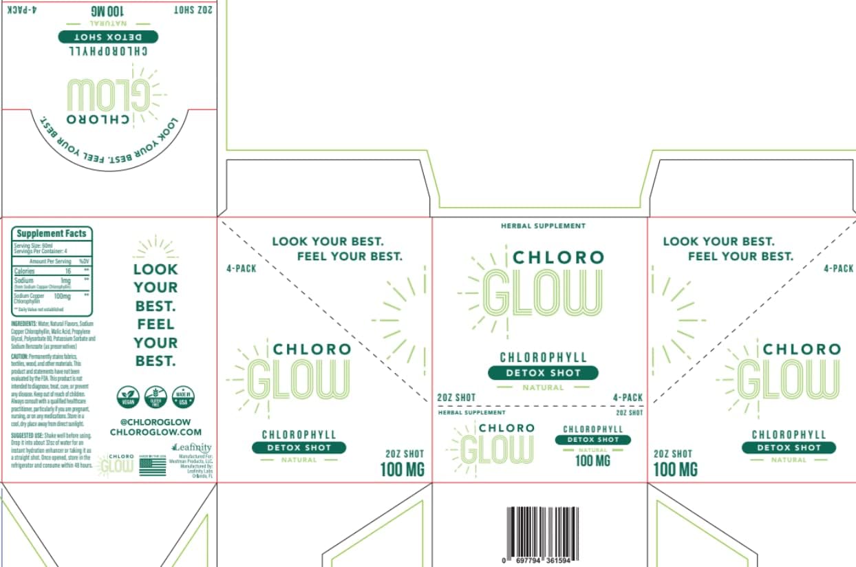 Organic Chloroglow Chlorophyll Detox Shots - Energizing Plant-Based Drink for Immune System Support - Cleansing Detox Formula (4 Pack)