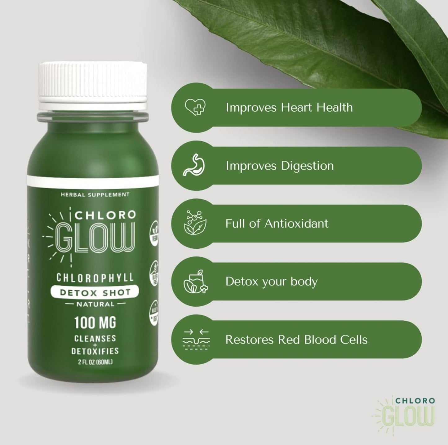 Organic Chloroglow Chlorophyll Detox Shots - Energizing Plant-Based Drink for Immune System Support - Cleansing Detox Formula (4 Pack)