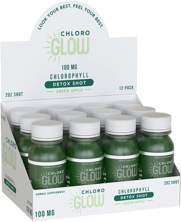 Organic Chloroglow Liquid Chlorophyll Shots - Boost Energy, Strengthen Immune System, Cleanse & Detoxify - Natural Plant Based Drink (12 pack)