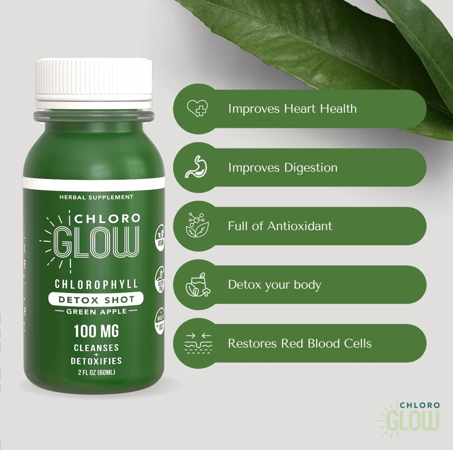Organic Chloroglow Liquid Chlorophyll Shots - Boost Energy, Strengthen Immune System, Cleanse & Detoxify - Natural Plant Based Drink (12 pack)