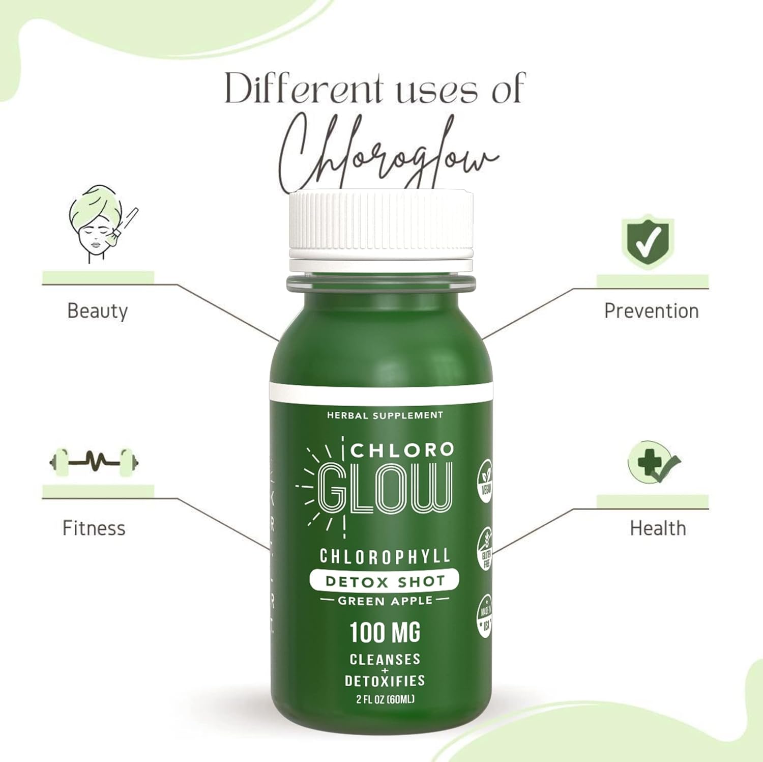 Organic Chloroglow Liquid Chlorophyll Shots - Boost Energy, Strengthen Immune System, Cleanse & Detoxify - Natural Plant Based Drink (12 pack)