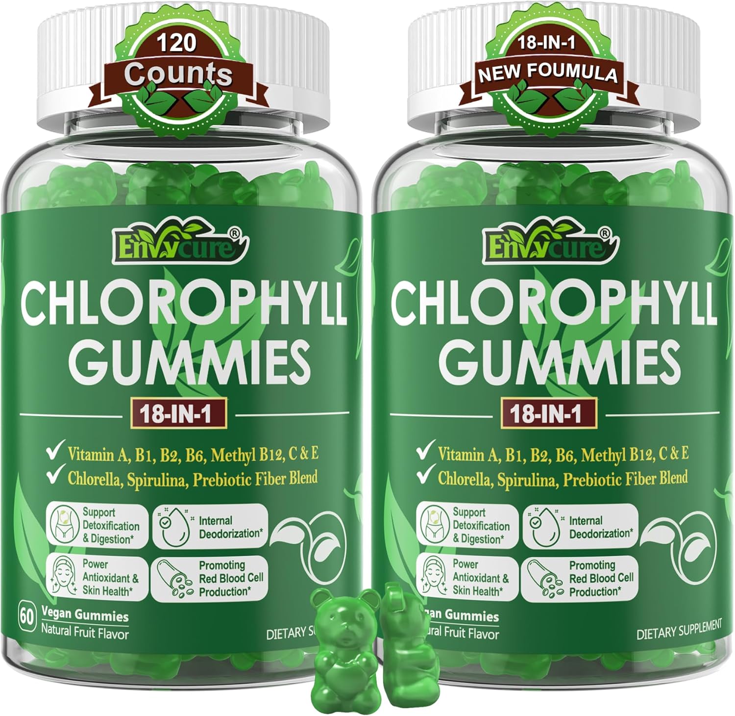 Organic Chlorophyll Gummies with Chlorella, Spirulina, Wheat Grass, and Magnesium for Internal Deodorant, Digestion, and Immune Support - 2 Packs