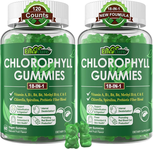 Organic Chlorophyll Gummies with Chlorella, Spirulina, Wheat Grass, and Magnesium for Internal Deodorant, Digestion, and Immune Support - 2 Packs