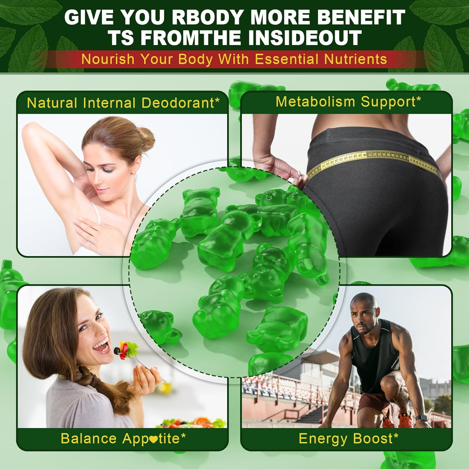 Organic Chlorophyll Gummies with Chlorella, Spirulina, Wheat Grass, and Magnesium for Internal Deodorant, Digestion, and Immune Support - 2 Packs