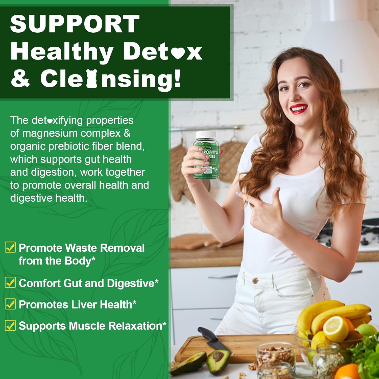 Organic Chlorophyll Gummies with Chlorella, Spirulina, Wheat Grass, and Magnesium for Internal Deodorant, Digestion, and Immune Support - 2 Packs