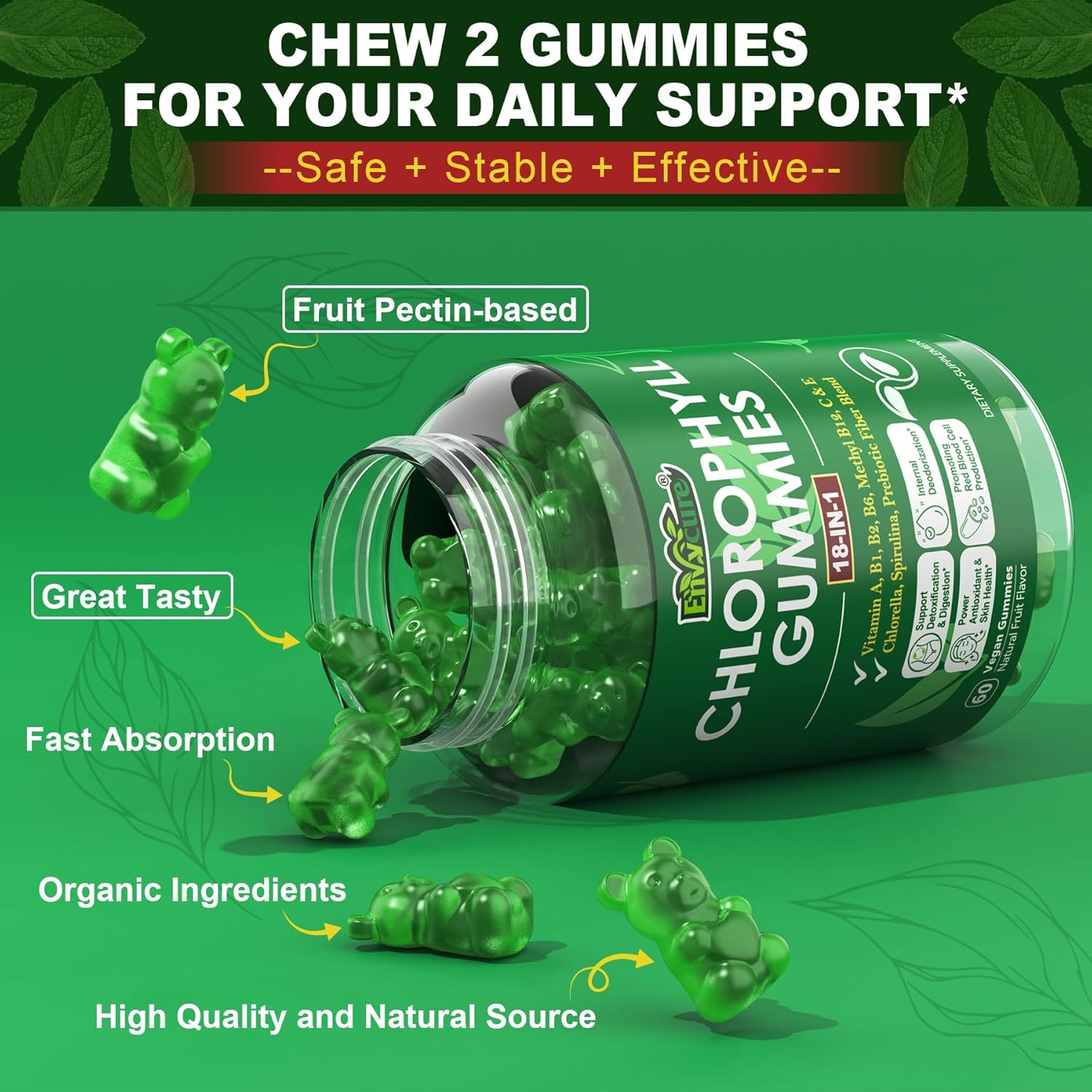Organic Chlorophyll Gummies with Chlorella, Spirulina, Wheat Grass, and Magnesium for Internal Deodorant, Digestion, and Immune Support - 2 Packs