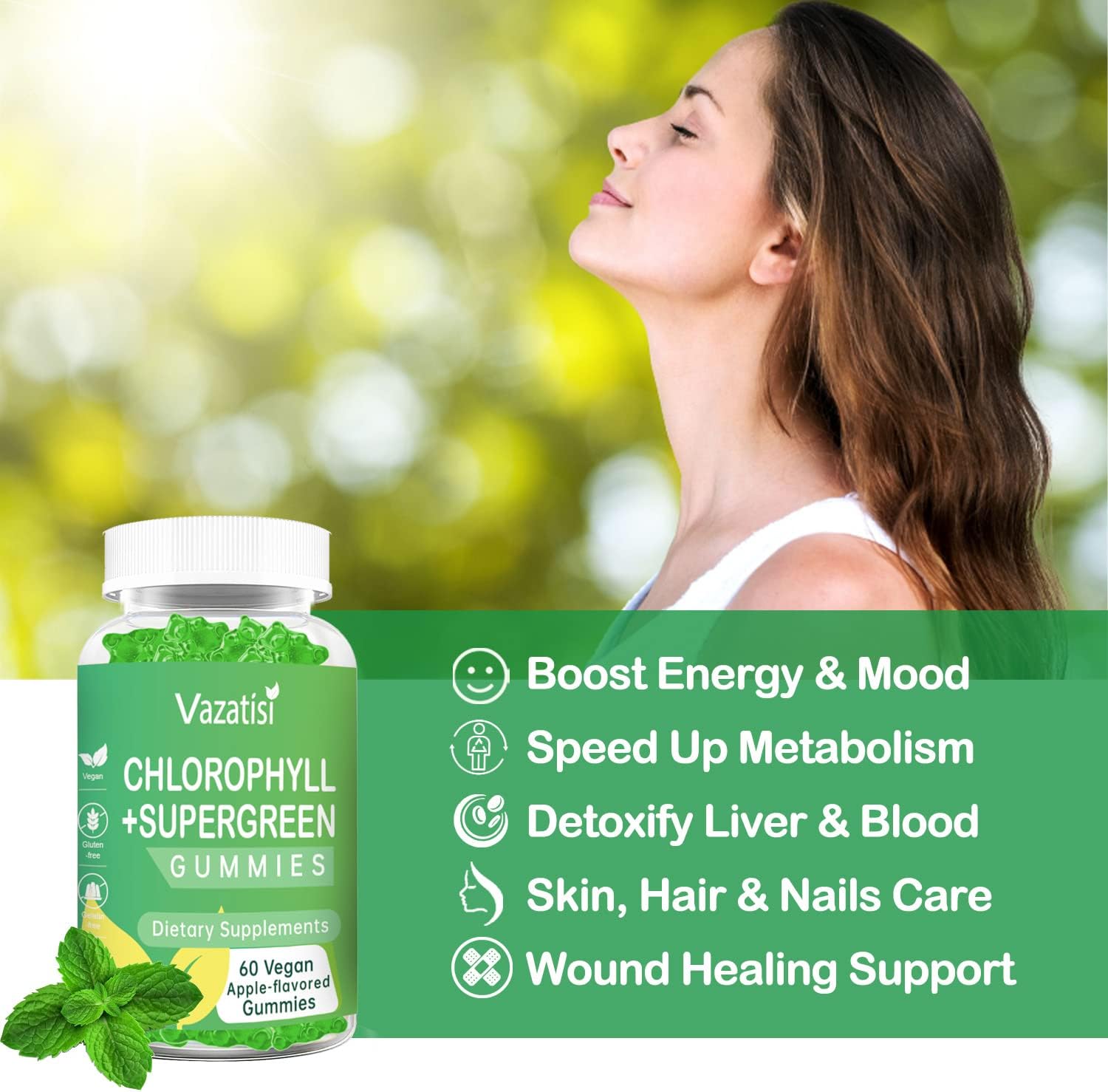 Organic Chlorophyll Gummies with Supergreens - Energy Boost, Immune Support, Skin Care - 2 Pack of 120 Vegan Gummies for Adults and Kids