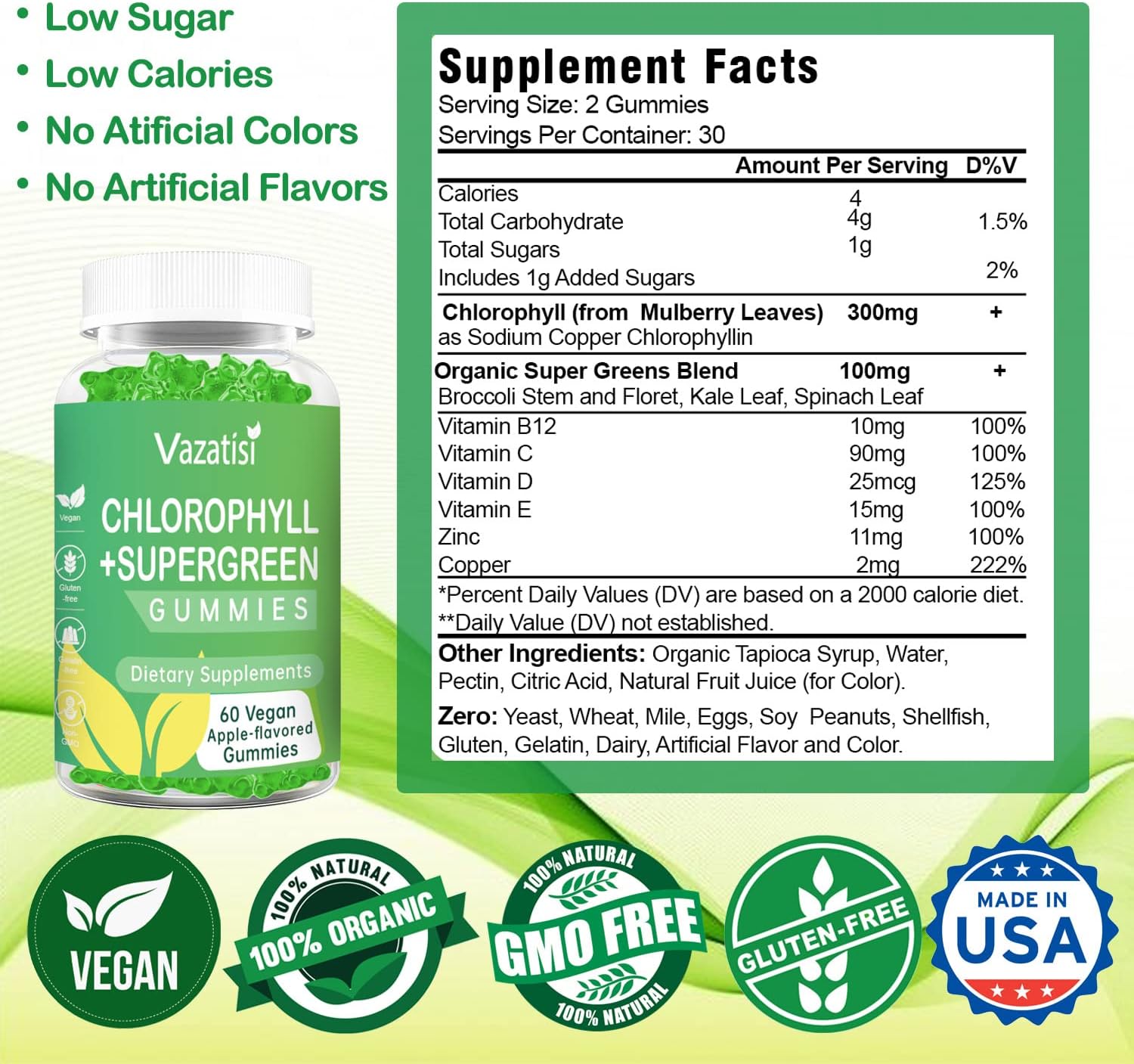 Organic Chlorophyll Gummies with Supergreens - Energy Boost, Immune Support, Skin Care - 2 Pack of 120 Vegan Gummies for Adults and Kids
