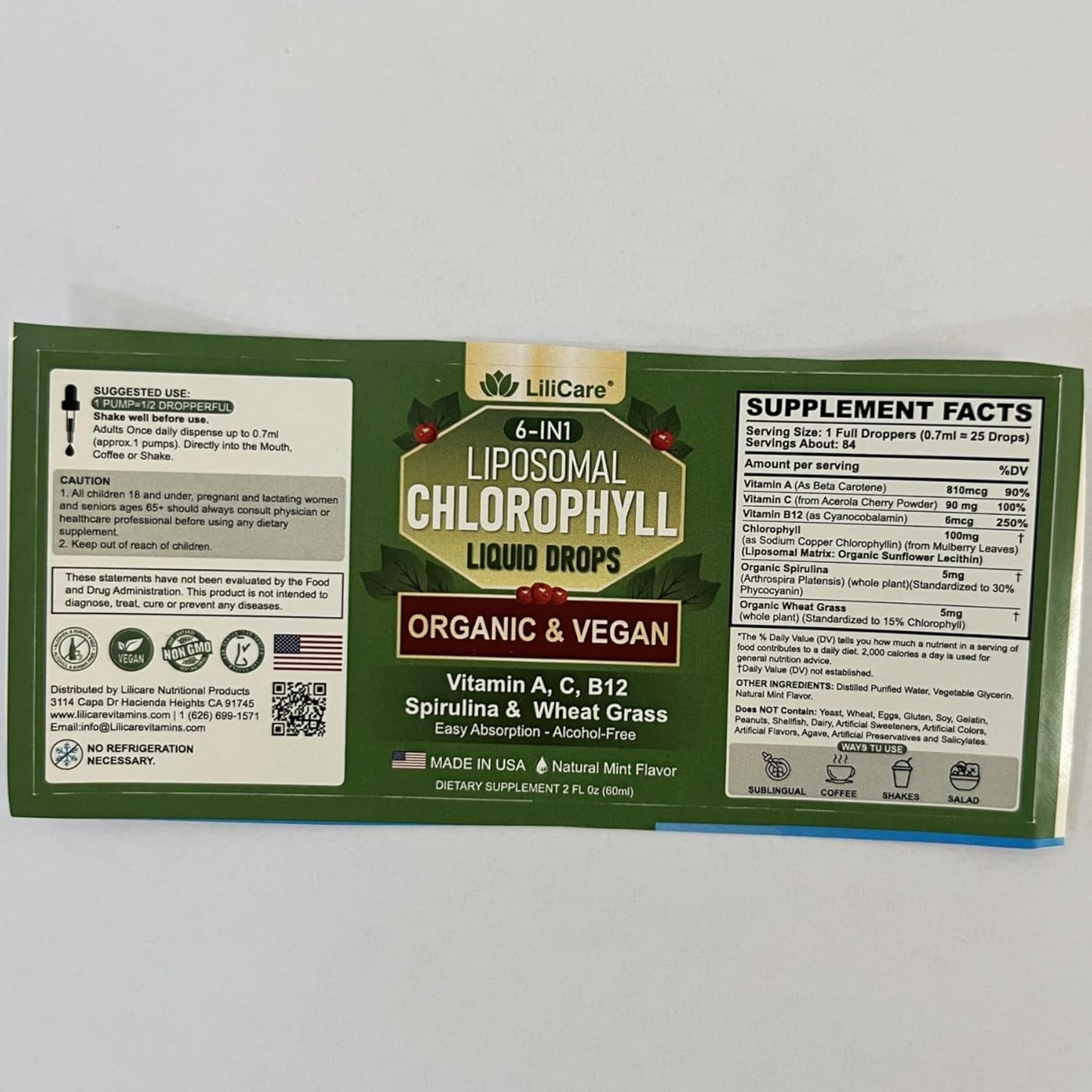 Organic Chlorophyll Liquid Drops with Spirulina & Wheat Grass - Superfood for Women & Men, 6-in-1 Greens with Vitamins A, C, B12 - Natural Mint Flavor - 2 Fl Oz, 1 Pack