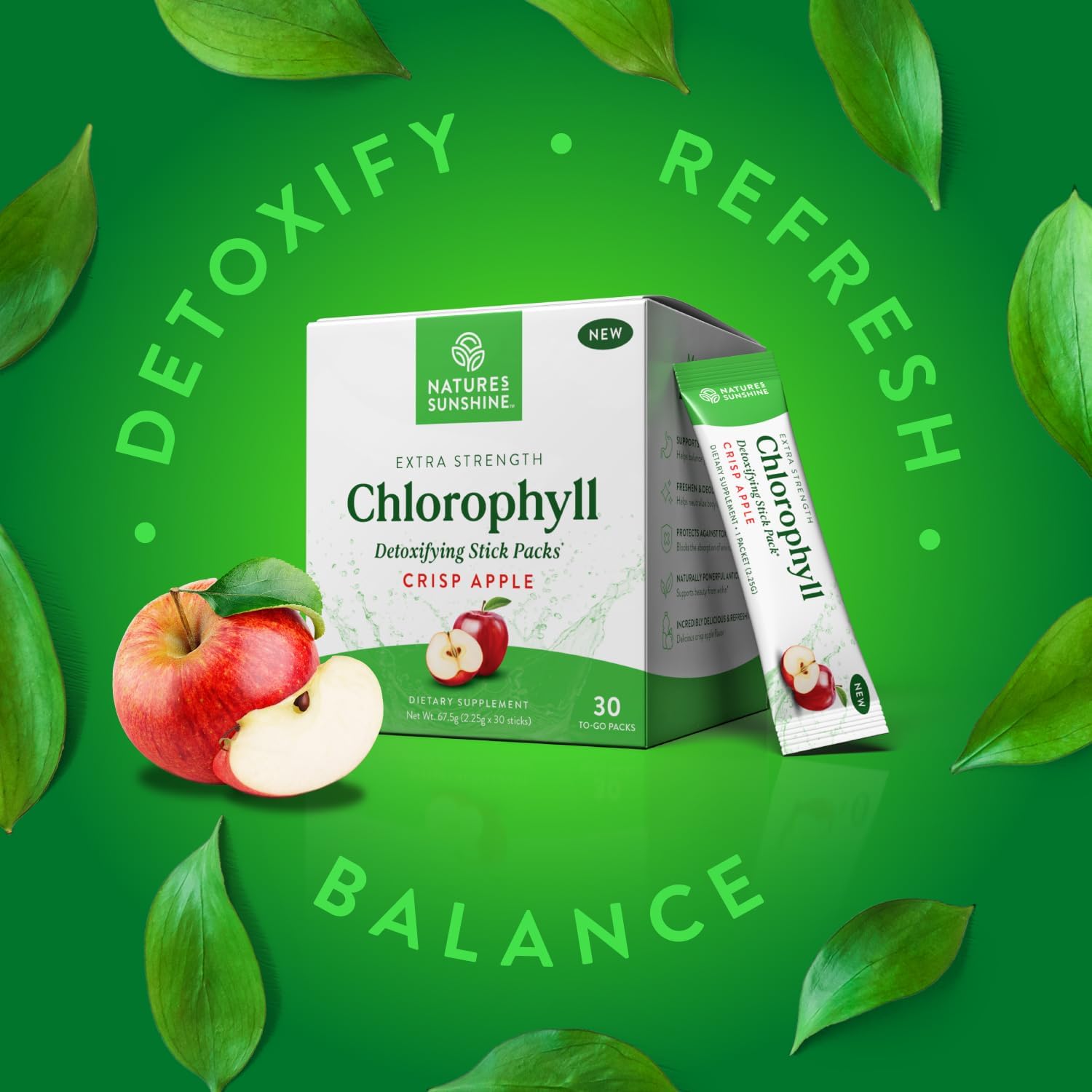 Organic Chlorophyll Stick Packs: Enhance Detox & Gut Health - Crisp Apple Flavor