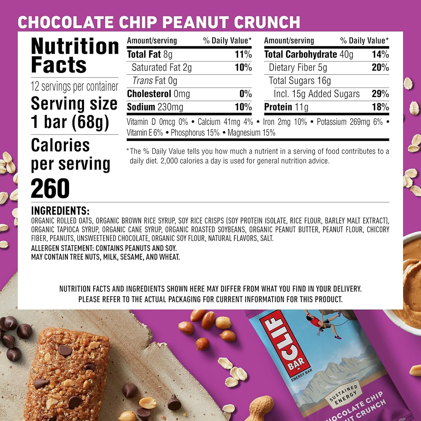 Organic Chocolate Chip Peanut Crunch Energy Bars - Plant Based - Vegetarian - Kosher - 2.4 oz Protein Bars, 12 Pack