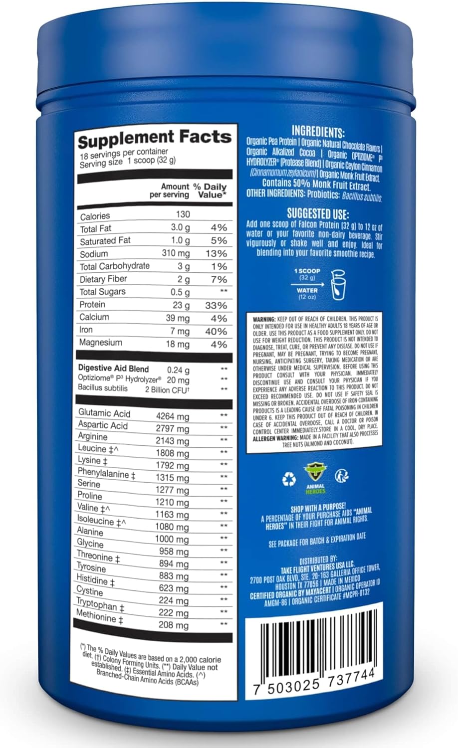 Organic Chocolate Falcon Vegan Protein Powder - Sugar Free, Non Whey, Probiotic, Low Carb - Plant Based Pea Protein for Keto Diet - 20 Servings, 1.32lb