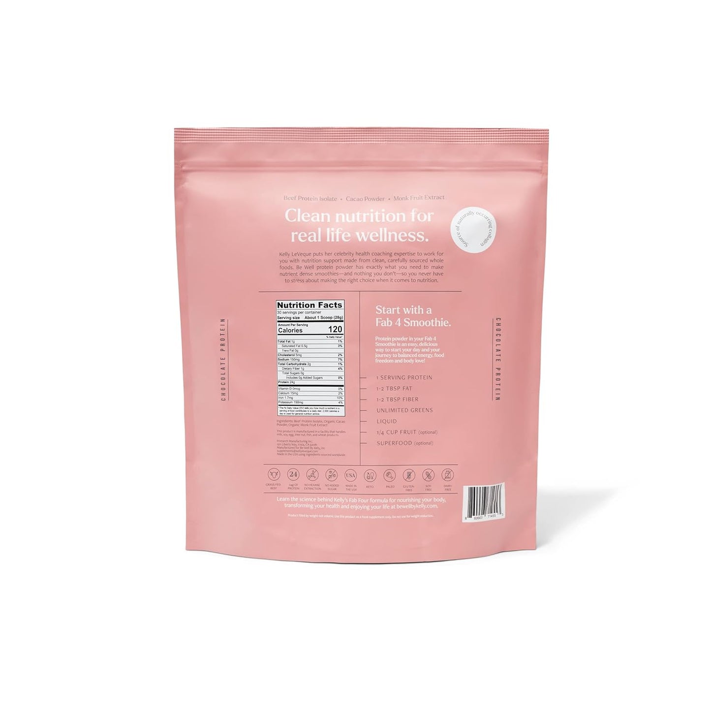 Organic Chocolate Grass-Fed Beef Protein Powder by Kelly LeVeque - 24g Protein, 1g Net Carbs - 30 Servings, 9 Amino Acids, No Soy, Dairy, Stevia, or Added Sugar - 1.87lb