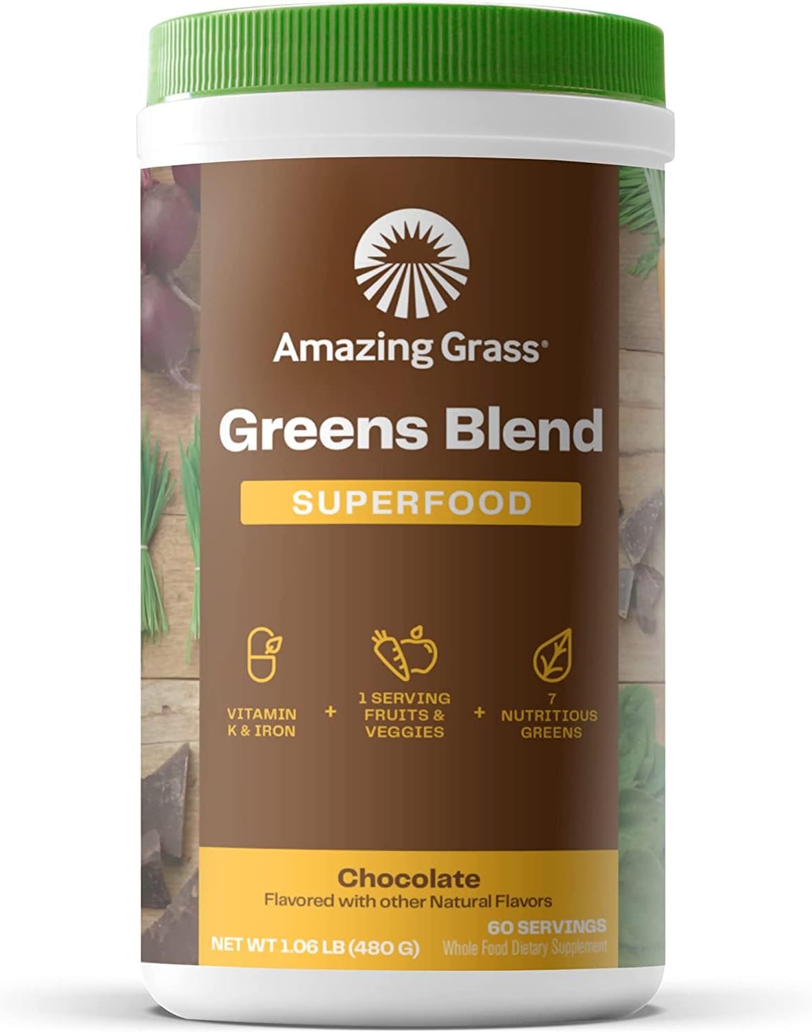Organic Chocolate Greens Superfood Powder with Probiotics & Enzymes, Spirulina, Chlorella, Beet Root - 60 Servings