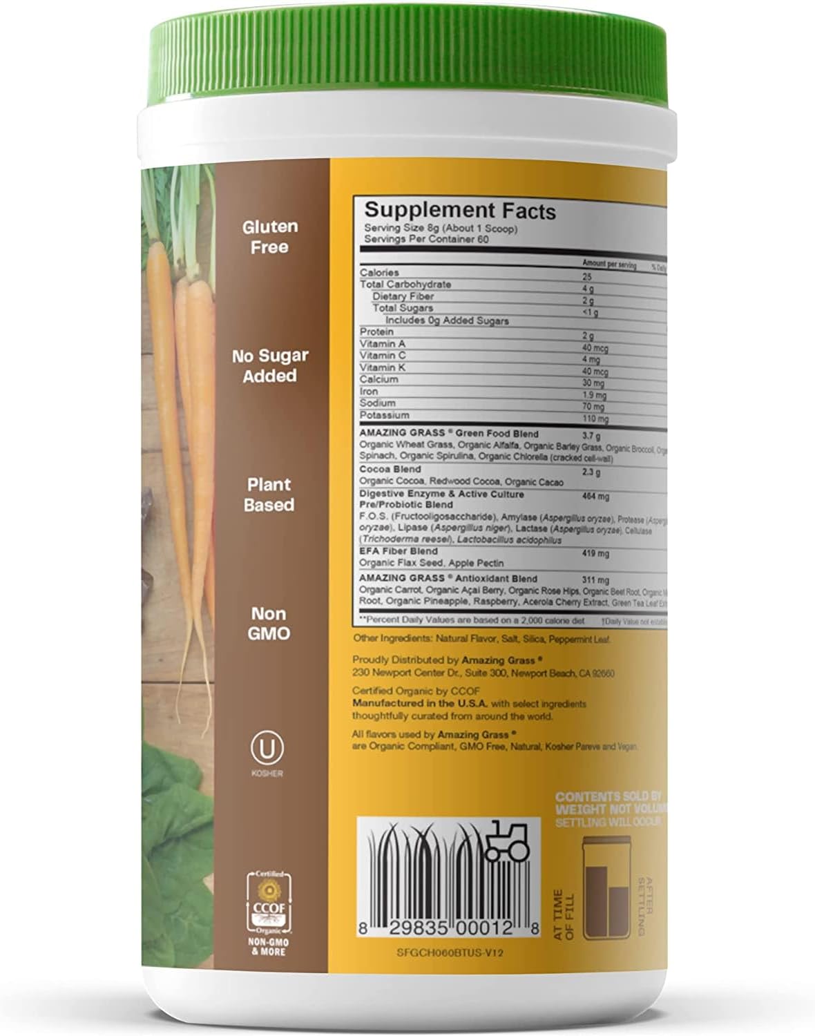 Organic Chocolate Greens Superfood Powder with Probiotics & Enzymes, Spirulina, Chlorella, Beet Root - 60 Servings