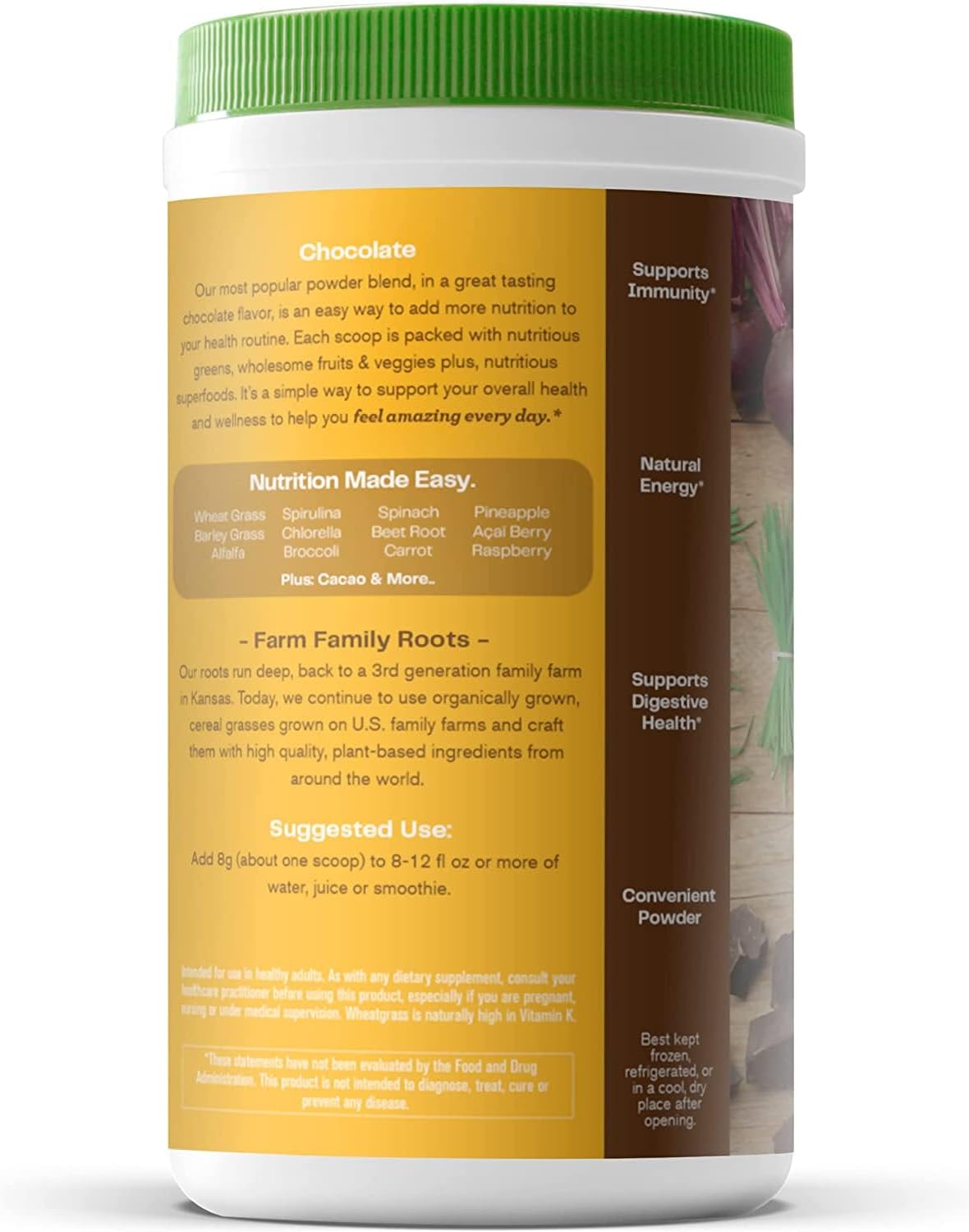 Organic Chocolate Greens Superfood Powder with Probiotics & Enzymes, Spirulina, Chlorella, Beet Root - 60 Servings