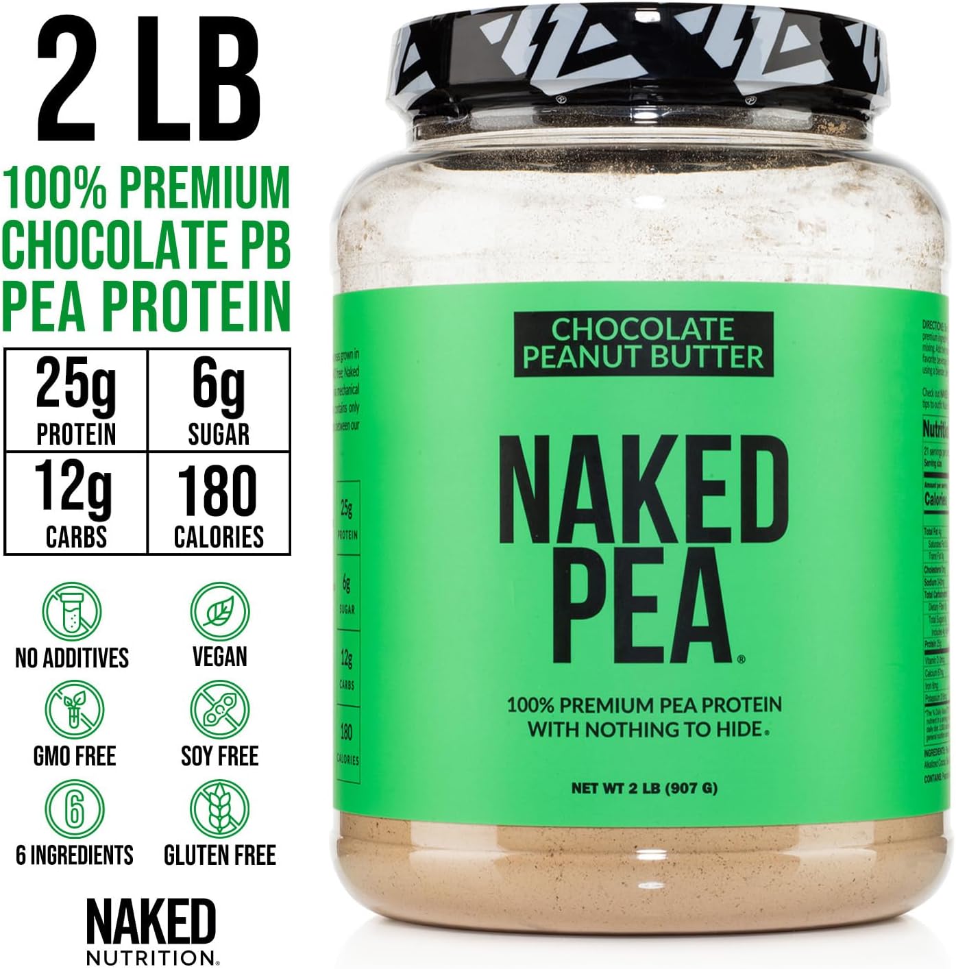 Organic Chocolate Peanut Butter Protein Powder - Naked Pea Protein from US & Canadian Farms, Non-GMO, Gluten-Free, Supports Growth and Recovery - 21 Servings