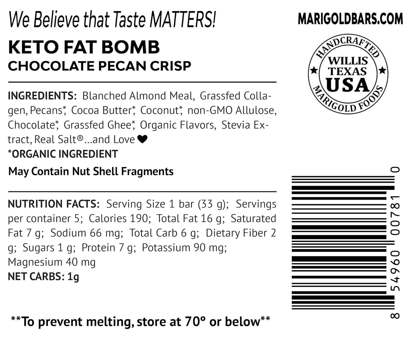 Organic Chocolate Pecan Crisp Keto Fat Bombs Snacks - Low Carb, Collagen Rich, Grass-fed Ghee - Gluten-Free, Non-GMO - 5 Servings