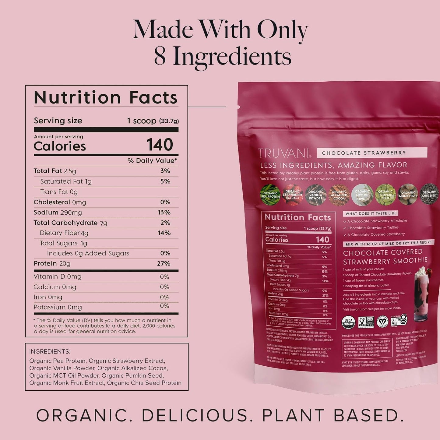 Organic Chocolate Strawberry Pea Protein Powder - 20g Plant Based Protein, Keto, Gluten & Dairy Free, Low Carb, No Sugar Added - 20 Servings