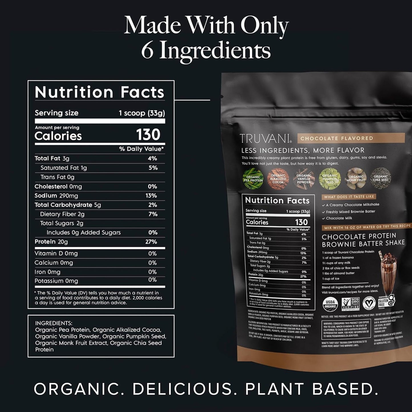 Organic Chocolate Vegan Pea Protein Powder - 20g Plant-Based Protein, Keto, Gluten & Dairy Free - 10 Travel Packets, Low Carb, No Sugar Added