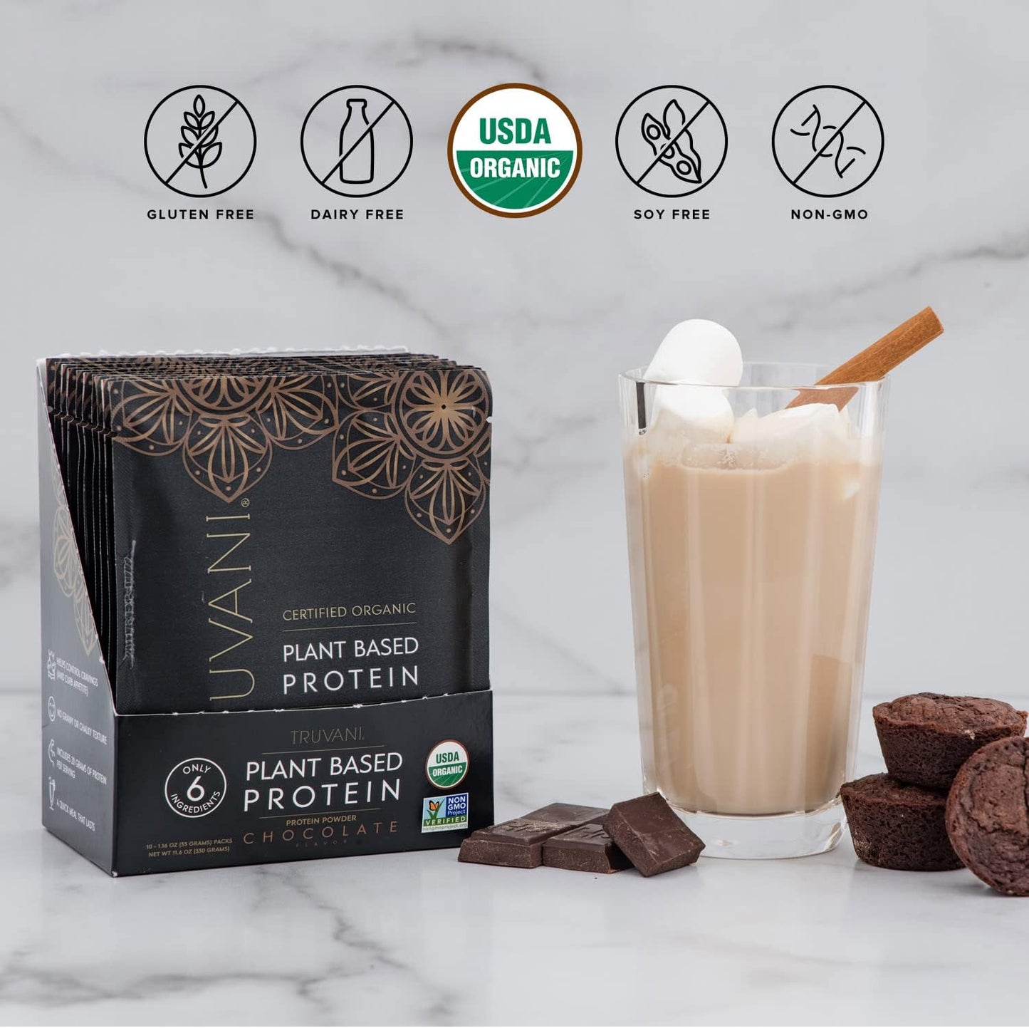 Organic Chocolate Vegan Pea Protein Powder - 20g Plant-Based Protein, Keto, Gluten & Dairy Free - 10 Travel Packets, Low Carb, No Sugar Added