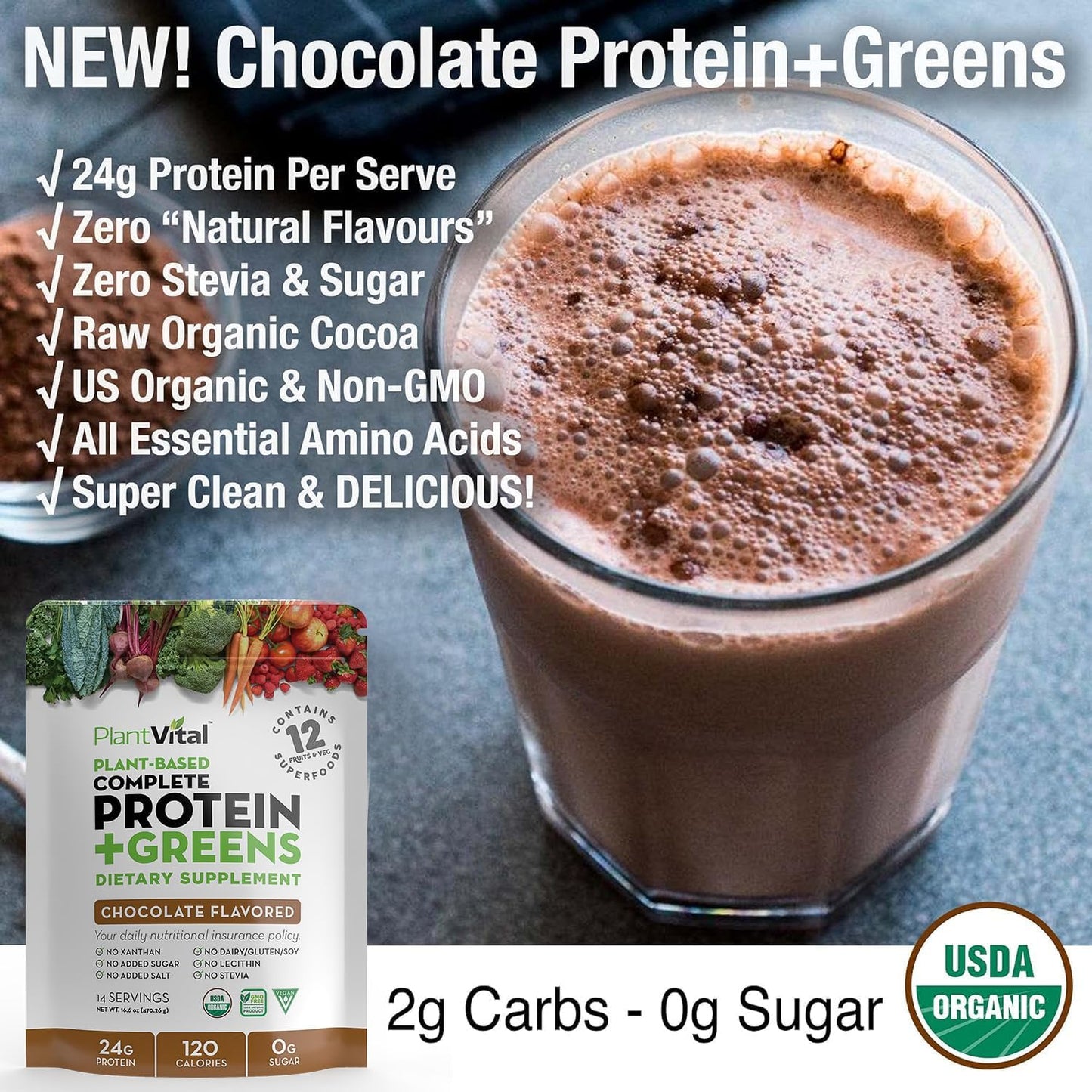 Organic Chocolate Vegan Protein Powder with Superfoods, Probiotics, and Veggies - 24g Protein, 0g Sugar, Gluten-Free - 16oz - BoostGo Australia